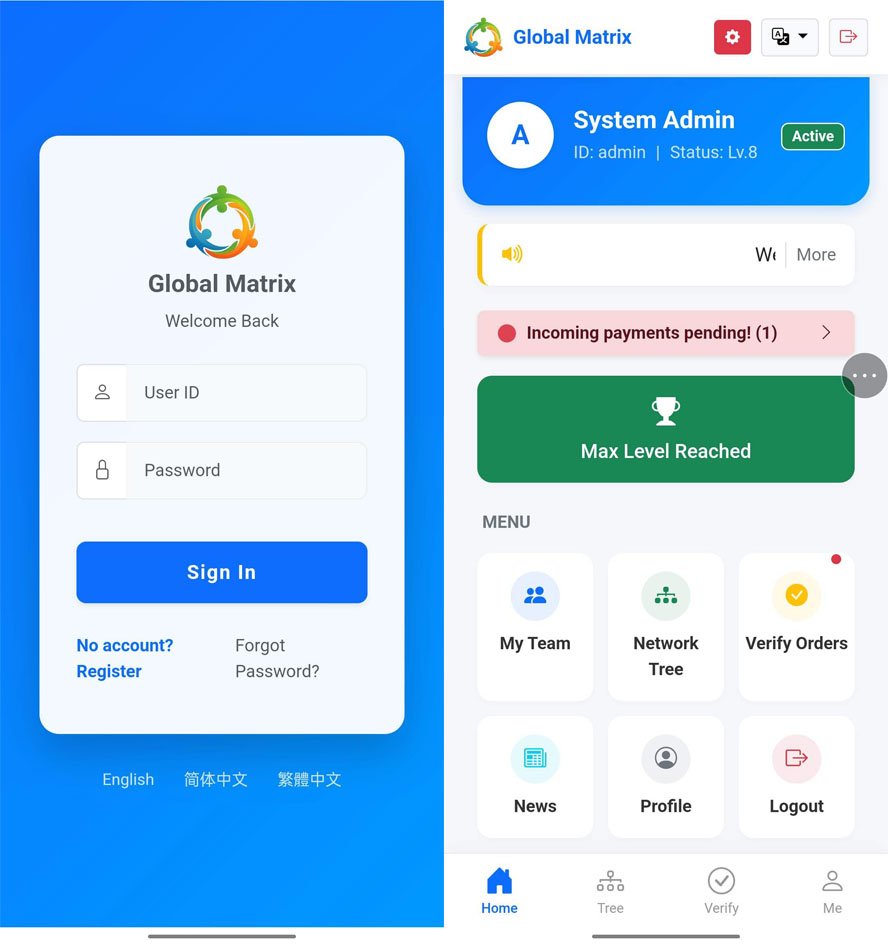 中英繁简三语全球互助3x8矩阵系统前端截图