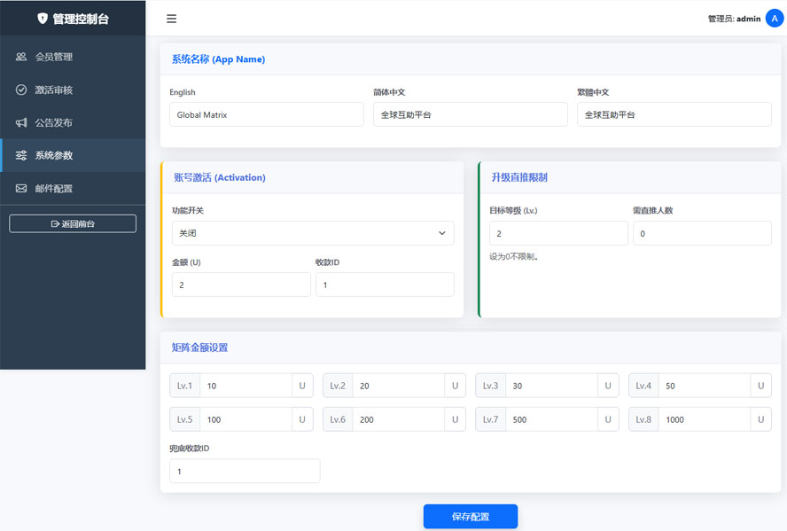 中英繁简三语全球互助3x8矩阵系统后端截图