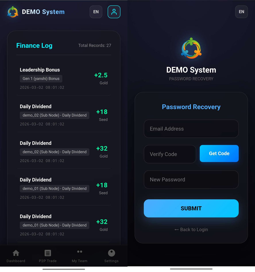中英繁三语极差复利投资理财分红系统前台截图