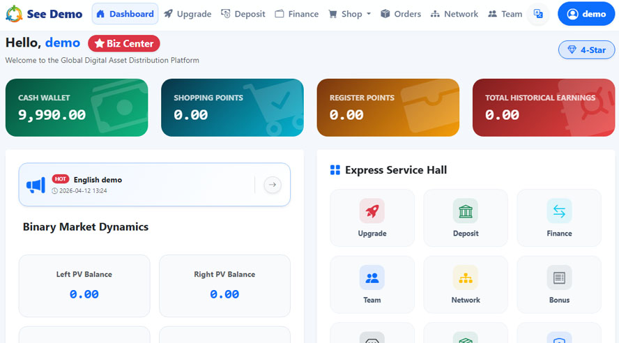 中英繁三语双轨多级别带商城和转盘系统PC端前台截图